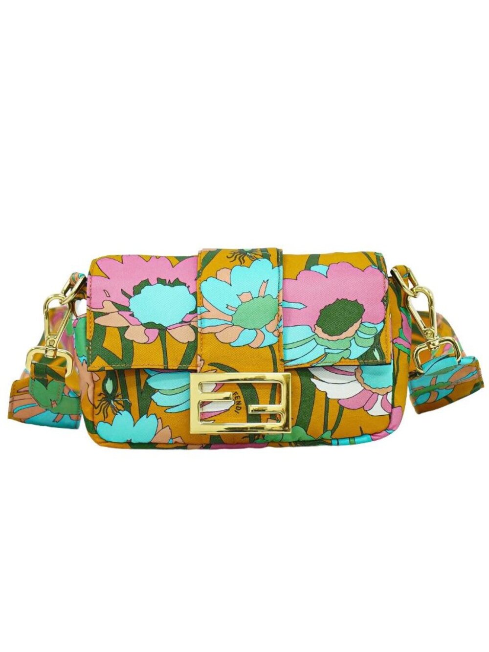 Fendi Baguette Floral Pattern 2-Way Shoulder Bag Nylon Orange Multicolor